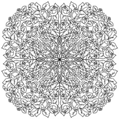 Hand drawn mandala art with flowers and leaves black and white outline. Zentangle scheme for coloring for adults and children. Motifs frames and ornate elements. 
