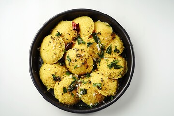 Idli Dhokla isolated on white- Gluten free gujarati steamed breakfast with chickpea flour