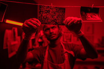 Selective focus shot of young Indian man wearing protective gloves and apron hanging wet photos on...