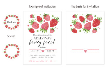 Juicy strawberry watercolor invitation card layout.  Bright red berries cute strawberry. Summer illustration. For packages, cards. Summer sweet berries. Baby shower, birthday invitation card.