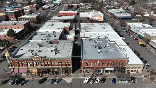 Cinematic 4K aerial drone footage of old historical buildings downtown, in the city of Ellensburg, Kittitas County in Western Washington