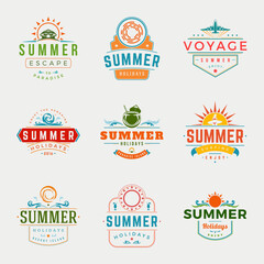 Summer holidays typography labels or badges vector design, summer silhouettes and icons for posters, greeting cards and advertising. Vintage style.