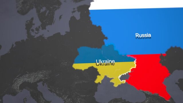 Map of Europe focused on Eastern Europe. Ukraine and Russia highlighted with their flags. Ukrainian border highlighted. Ukraine war and Russian invasion concept