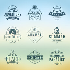 Summer holidays typography labels or badges vector design, summer silhouettes and icons for posters, greeting cards and advertising. Vintage style.