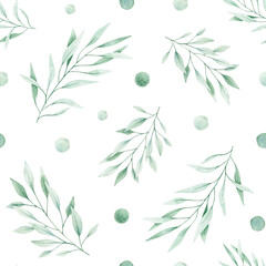 Watercolor seamless pattern with green dots and branches. Isolated on white background. Hand drawn clipart. Perfect for card, fabric, tags, invitation, printing, wrapping.