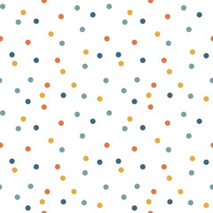 Colorful small dots seamless pattern on white background. Blue, yellow and terracotta minimalist vector illustration.