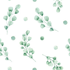 Watercolor seamless pattern with green dots and branches of eucalyptus. Isolated on white background. Hand drawn clipart. Perfect for card, fabric, tags, invitation, printing, wrapping.