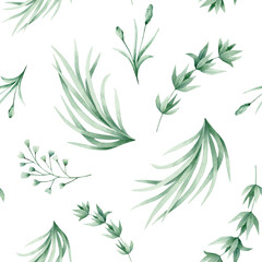 Watercolor seamless pattern with green grass and branches. Isolated on white background. Hand drawn clipart. Perfect for card, textile, tags, invitation, printing, wrapping.
