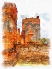 Obraz premium Landscape of ancient ruins in Ayutthaya World Heritage watercolor painting impressionist painting.