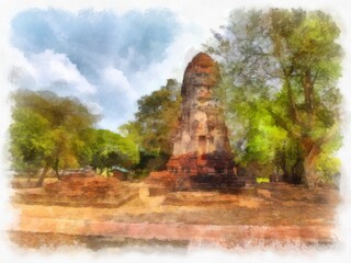 Landscape of ancient ruins in Ayutthaya World Heritage watercolor painting impressionist painting.