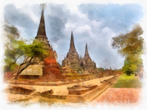 Landscape of ancient ruins in Ayutthaya World Heritage watercolor painting impressionist painting.