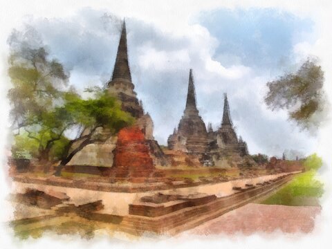 Landscape of ancient ruins in Ayutthaya World Heritage watercolor painting impressionist painting.