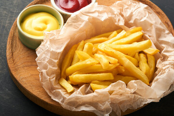 French fries. Tasty French fries server on parchment paper on wooden cutting board with tomato and cheese sauce on wooden table background. Diverse Keto Dishes. Fast food and unhealthy food concept.