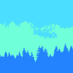 Square background in blue tones, silhouettes of fir trees, mountains, sky. Suitable for social media posting and online advertising