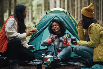 Friends eating dinner at their campsite - obrazy, fototapety, plakaty