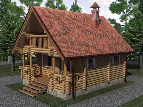 3d illustration of the concept of a two-story small holiday cottage. 3d render of an architectural project of a house for presentation with red roof tiles.