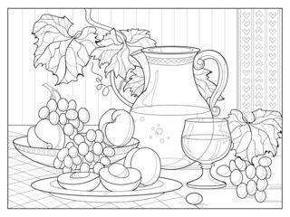 Summer still life with grapes and peaches. Coloring book for children and adults. Image in zentangle style. Printable page for drawing and meditation. Black and white vector illustration.