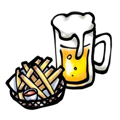 ジョッキビールとフライドポテト