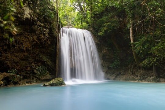 Erawan Waterfall,beautiful waterfall deep forest in Thailand © rbk365