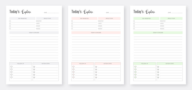 Today's Explore Planner Template. 3 Set of minimalist planners. Printable Today's Planner Template Design.