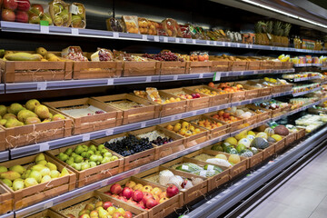 Display case with wide selection of fruits. Concept of organic and healthy food consumption