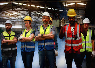A team of male and female engineers wearing safety helmets. Standing in an industrial factory