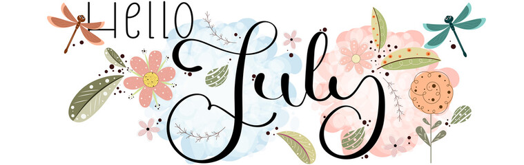 Hello July. JULY month vector hand lettering with flowers, and leaves. Decoration floral vintage. Illustration month July calendar	

