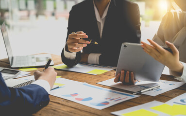 Finance manager meeting discussing company growth project success financial statistics, professional investor working start up project for strategy plan with document.