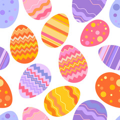Easter spring seamless pattern. Bright colorful Easter eggs on a white background.