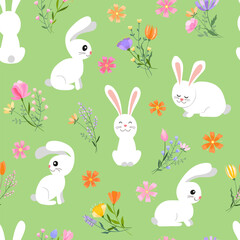 Easter spring seamless pattern. Spring flowers and herbs and cute Easter bunnies on a green background.