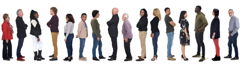 side view of large group of mixed people on white background - Powered by Adobe