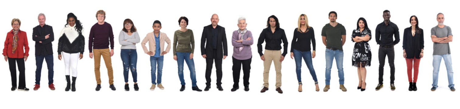 front view of large group of mixed people on white background