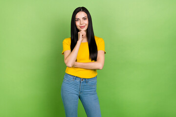 Photo of gorgeous minded clever lady arm on chin look camera contemplate isolated on green color...