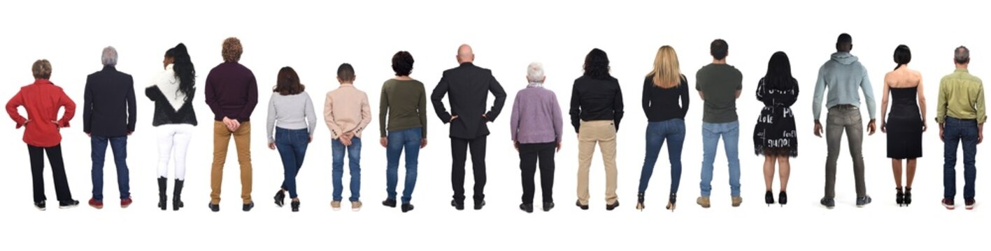 rear view of large group of people on white background