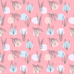 Vector Seamless summer pattern with abstract palm trees drawn in one line. Seamless Tropical Leaf Background.