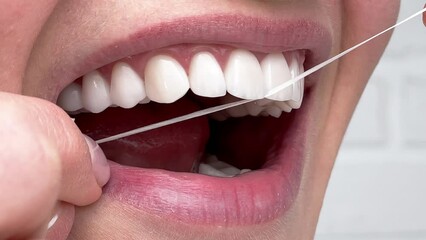 Closeup woman flossing perfect white teeth with floss toothcare hygiene, teeth cleaning routine and cavity prevention, female veneer smile, dental care and stomatology.