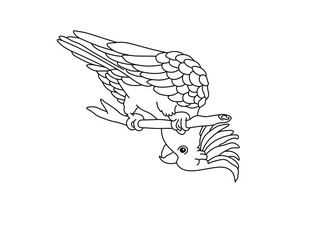 Vector isolated cute cartoon cockatoo parrot sitting on a branch hanging its head down colorless black and white contour line drawing © MariMuz