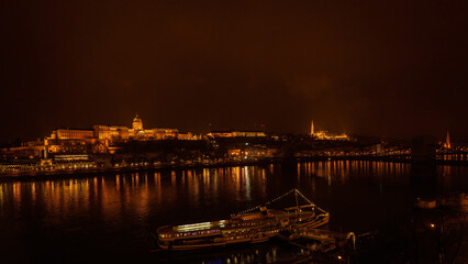 Fototapeta na wymiar Night view of Buda Castle and the Fisherman's Wharf in Budapest
