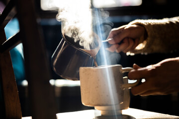 Fototapeta na wymiar Coffee Served in Handmade Ceramic cup