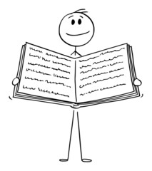 Person Holding Open Book, Vector Cartoon Stick Figure Illustration