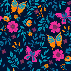 Obraz premium Seamless pattern with butterflies and flowers. Vector graphics.
