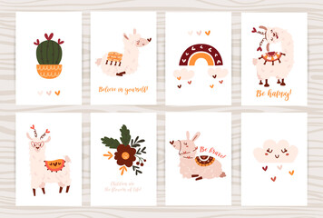 Fototapeta premium Set of posters with cute llamas and items.