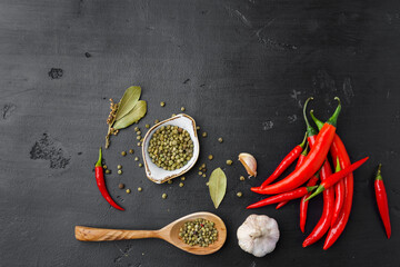 Flat lay composition with chili peppers and spices