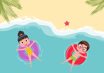 Vector illustration of summer and children.Children swim in the sea, ocean on swimming circles. View from above. vector flyer template
