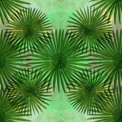 Fototapeta na wymiar Exotic leaves on a watercolor background. Abstract wallpaper with floral motifs. Seamless pattern. Wallpaper. Use printed materials, signs, posters, postcards, packaging.