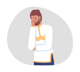 Obraz premium Feeling ashamed 2D vector isolated illustration. Unpleasant emotion flat character on cartoon background. Man regrets and feels embarrassed colourful scene for mobile, website, presentation