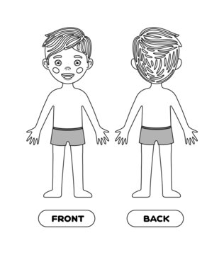 Pretty Little Boy is Standing in Underwear. Front Back view. Black White color. Contour Line style. A Template for Education and Play with Children. Print. White background. Vector illustration.