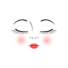 Isolated Matryoshka Doll Face. Closed Eyes. Pretty Face of Sleeping Baby doll. Small Nose, Long Eyelashes and Lush Red Lips. Pink Blush on Cheeks. Line style. White background. Vector illustration.