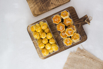 Homemade Indonesian pineapple tart cookies or Nastar served to celebrate Idul Fitri or Eid al Fitr.