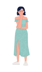 Thinking semi flat color vector character. Standing figure. Full body person on white. Pensive and doubtful lady simple cartoon style illustration for web graphic design and animation